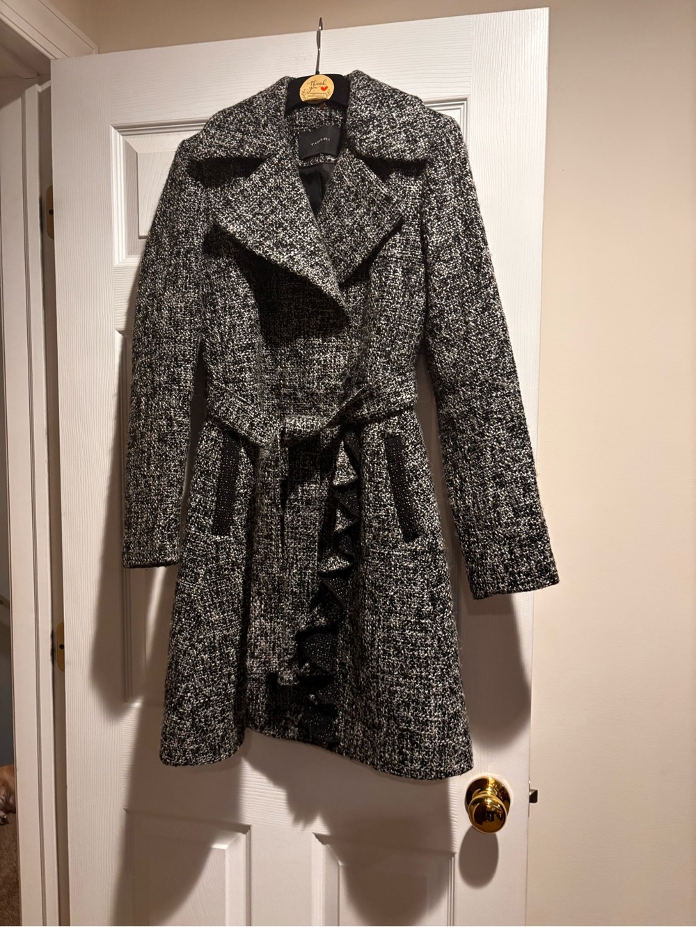 Tahari Black & White Tweed Belted Coat